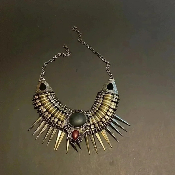 None Jewelry - Statement exaggerated multi color mayan  inspired metal necklace
